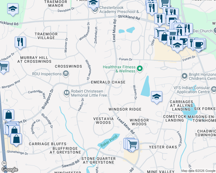 map of restaurants, bars, coffee shops, grocery stores, and more near 8117 Greywinds Drive in Raleigh