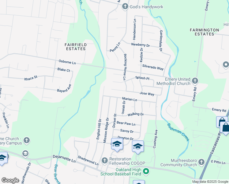 map of restaurants, bars, coffee shops, grocery stores, and more near 2642 Mission Ridge Drive in Murfreesboro