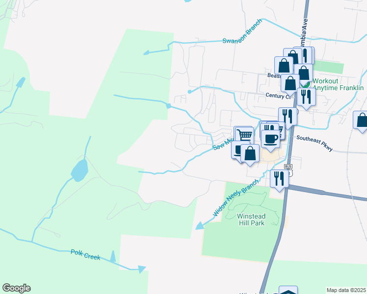 map of restaurants, bars, coffee shops, grocery stores, and more near 1152 Hillview Lane in Franklin