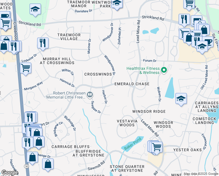 map of restaurants, bars, coffee shops, grocery stores, and more near 1605 Bridgeport Drive in Raleigh