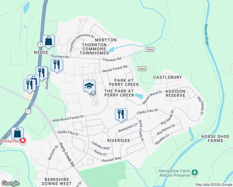 map of restaurants, bars, coffee shops, grocery stores, and more near 5316 Neuse Wood Drive in Raleigh