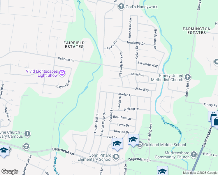 map of restaurants, bars, coffee shops, grocery stores, and more near 2642 Mission Ridge Drive in Murfreesboro