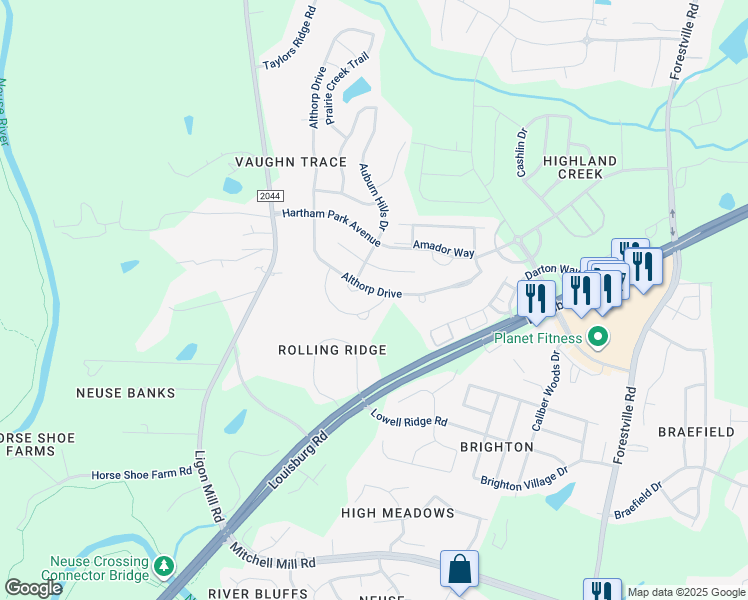 map of restaurants, bars, coffee shops, grocery stores, and more near 4437 Lyman Avenue in Raleigh