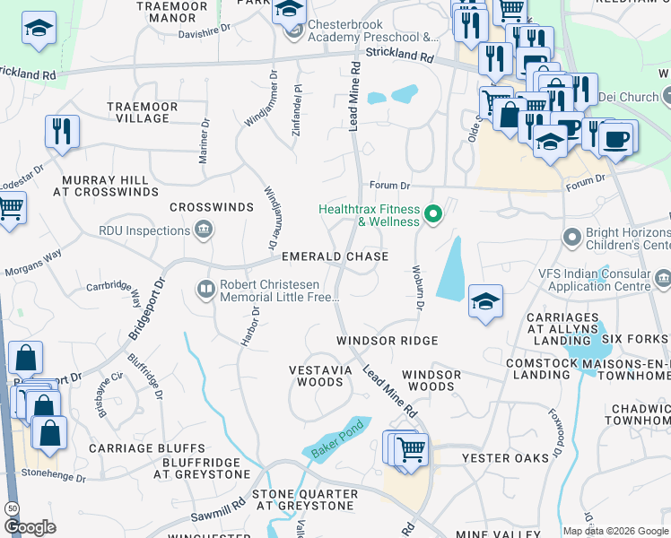 map of restaurants, bars, coffee shops, grocery stores, and more near 8117 Greywinds Drive in Raleigh