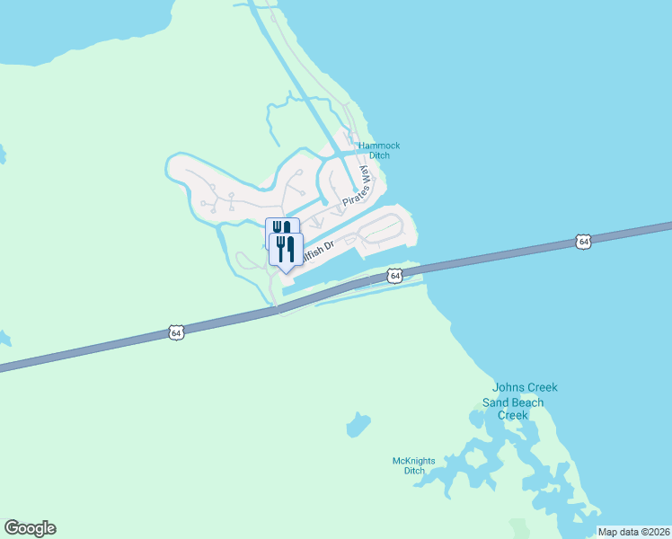 map of restaurants, bars, coffee shops, grocery stores, and more near U.S. 64 in Manteo