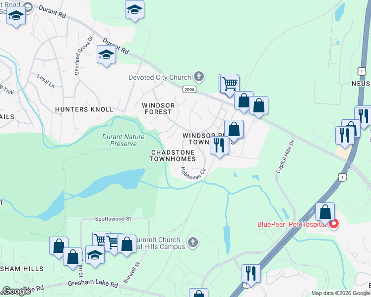 map of restaurants, bars, coffee shops, grocery stores, and more near 9212 Sayornis Court in Raleigh