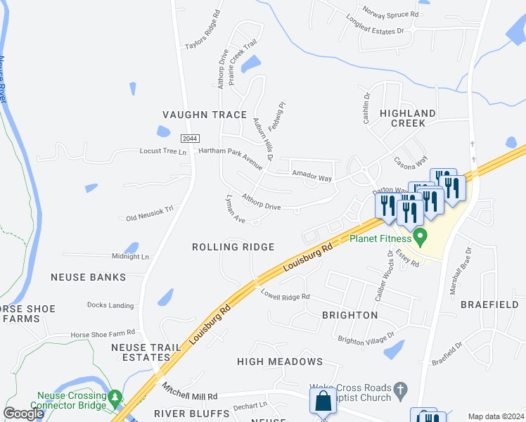map of restaurants, bars, coffee shops, grocery stores, and more near 4437 Lyman Avenue in Raleigh