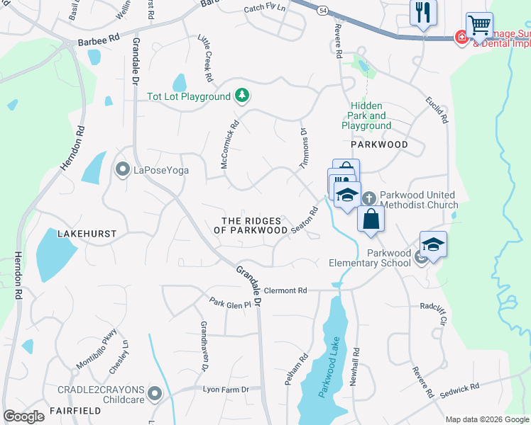 map of restaurants, bars, coffee shops, grocery stores, and more near 1215 Seaton Road in Durham