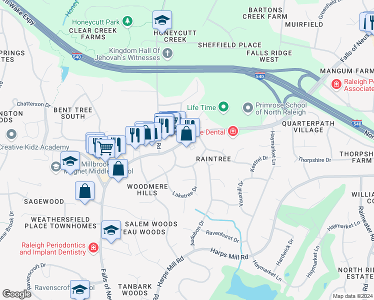 map of restaurants, bars, coffee shops, grocery stores, and more near 8300 Falls of Neuse Road in Raleigh