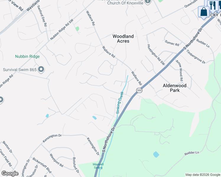 map of restaurants, bars, coffee shops, grocery stores, and more near 1323 Branton Boulevard in Knoxville