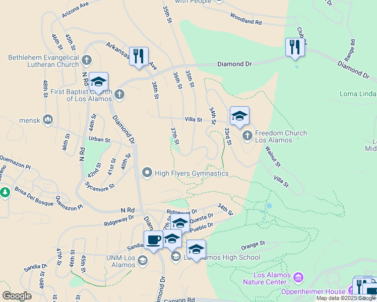 map of restaurants, bars, coffee shops, grocery stores, and more near 2123 35th Street in Los Alamos