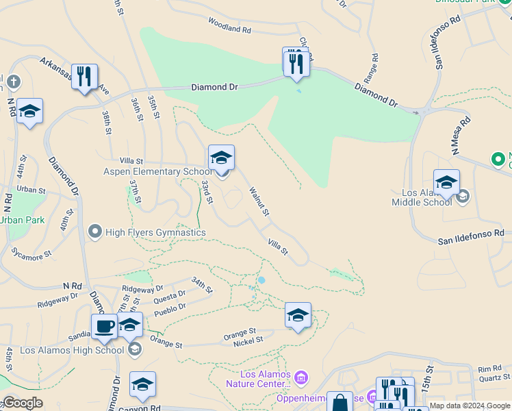map of restaurants, bars, coffee shops, grocery stores, and more near 3212 Villa Street in Los Alamos