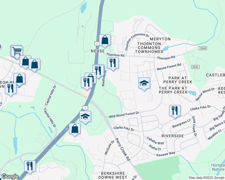 map of restaurants, bars, coffee shops, grocery stores, and more near 8620 Wadford Drive in Raleigh