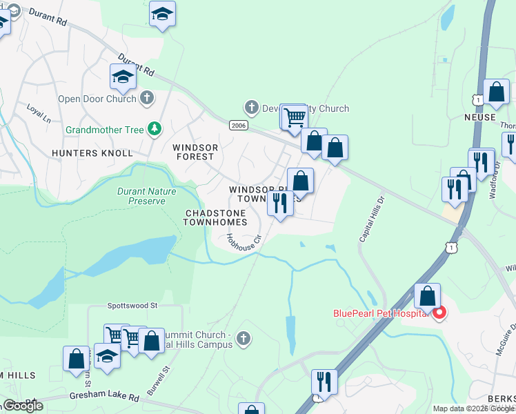 map of restaurants, bars, coffee shops, grocery stores, and more near 8321 Hobhouse Circle in Raleigh