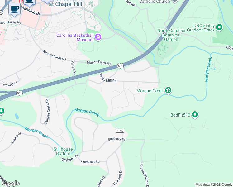 map of restaurants, bars, coffee shops, grocery stores, and more near 1103 Sourwood Circle in Chapel Hill