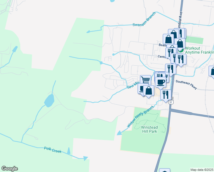 map of restaurants, bars, coffee shops, grocery stores, and more near 1152 Hillview Lane in Franklin