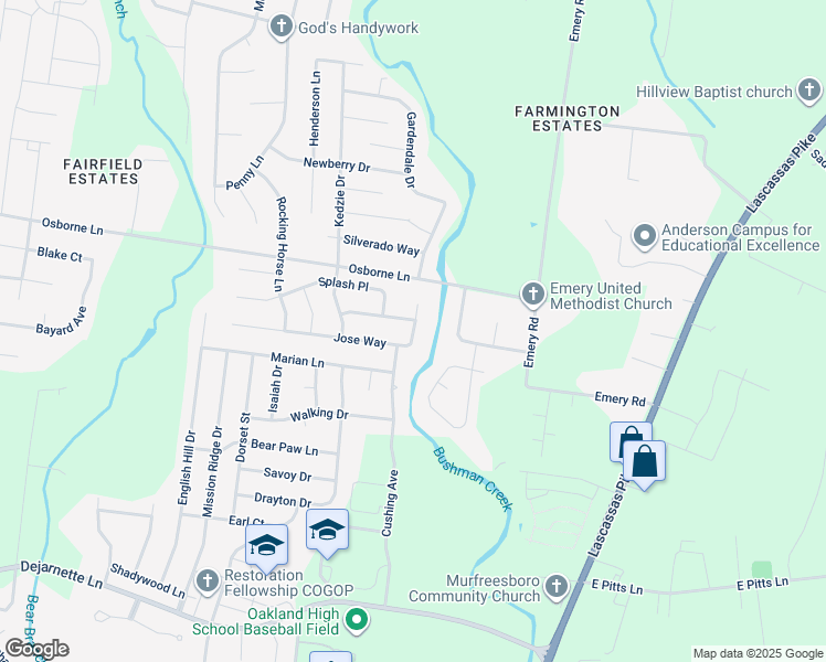 map of restaurants, bars, coffee shops, grocery stores, and more near 2615 Ritz Lane in Murfreesboro