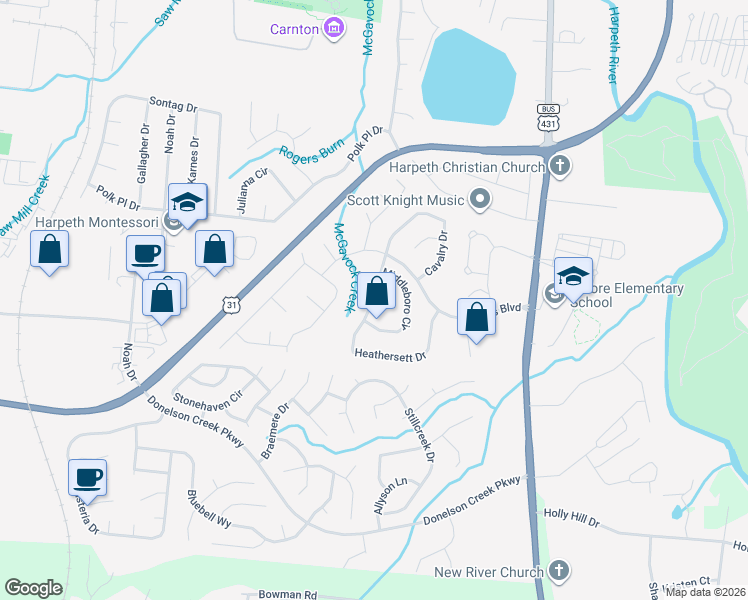 map of restaurants, bars, coffee shops, grocery stores, and more near 224 Heathersett Drive in Franklin