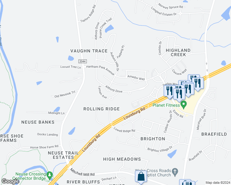 map of restaurants, bars, coffee shops, grocery stores, and more near 4443 Lyman Avenue in Raleigh
