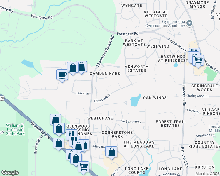 map of restaurants, bars, coffee shops, grocery stores, and more near 8408 Dunnington Circle in Raleigh