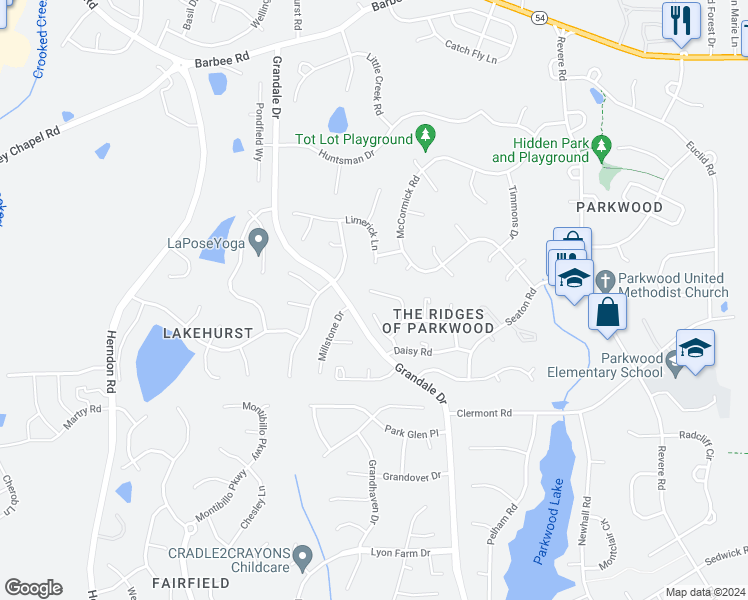 map of restaurants, bars, coffee shops, grocery stores, and more near 75 Candytuff Lane in Durham