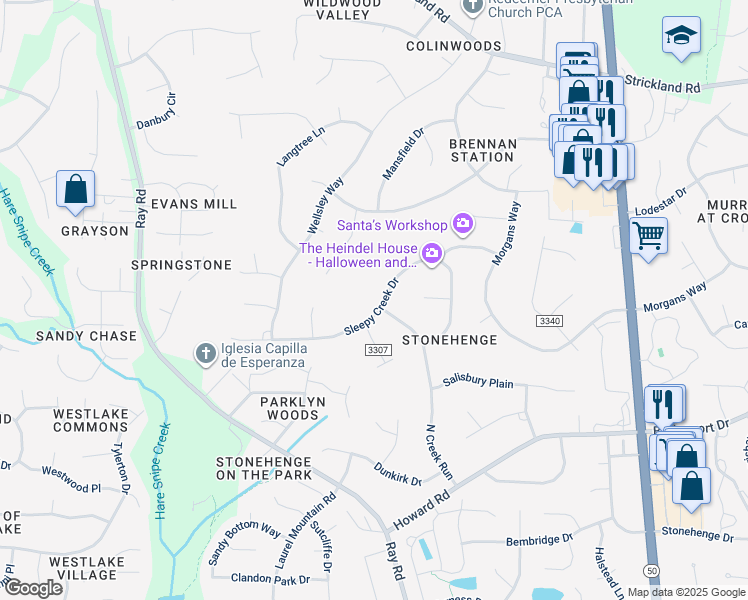 map of restaurants, bars, coffee shops, grocery stores, and more near 8532 Sleepy Creek Drive in Raleigh
