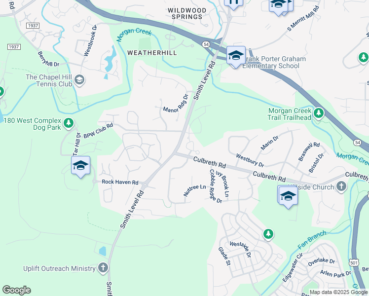 map of restaurants, bars, coffee shops, grocery stores, and more near 405 Smith Level Road in Chapel Hill