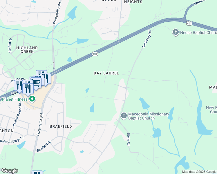 map of restaurants, bars, coffee shops, grocery stores, and more near 4208 Bay Laurel Court in Wake Forest