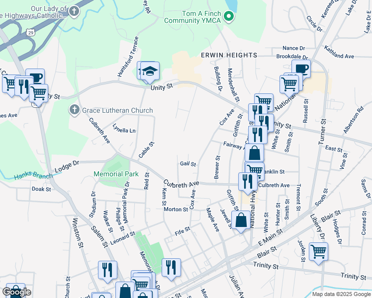 map of restaurants, bars, coffee shops, grocery stores, and more near Middle Avenue in Thomasville