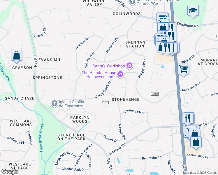 map of restaurants, bars, coffee shops, grocery stores, and more near 8320 North Creek Run in Raleigh