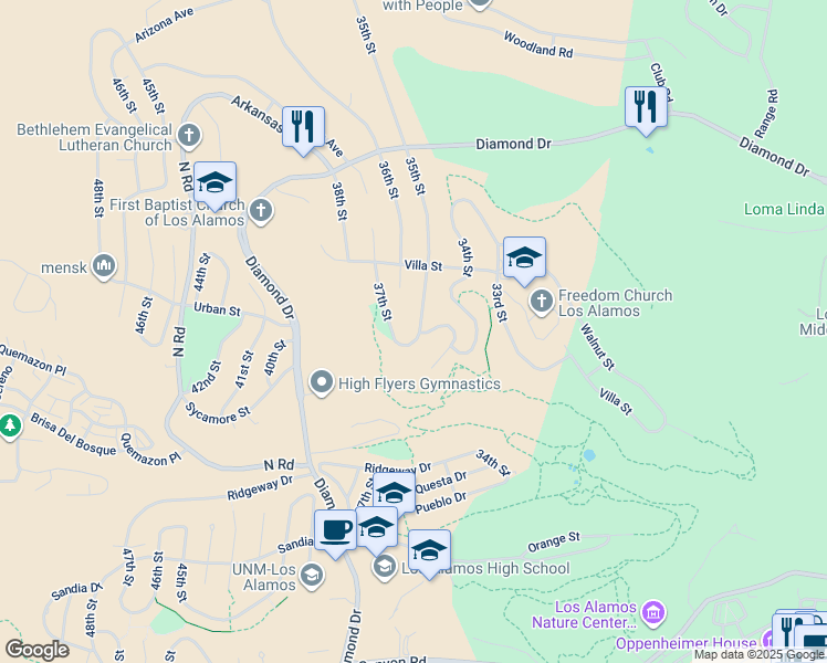 map of restaurants, bars, coffee shops, grocery stores, and more near 2157 35th Street in Los Alamos