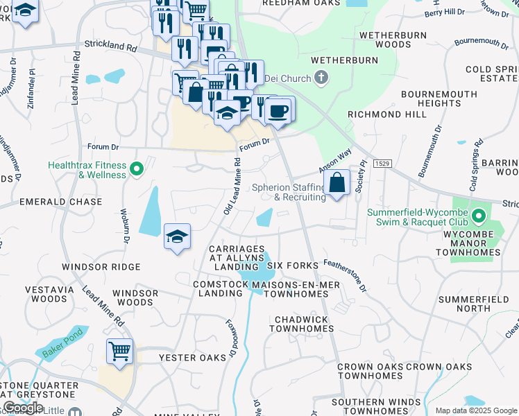 map of restaurants, bars, coffee shops, grocery stores, and more near 8521 Six Forks Rd in Raleigh