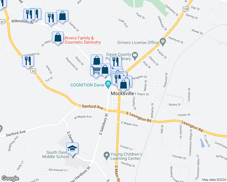 map of restaurants, bars, coffee shops, grocery stores, and more near 151 North Main Street in Mocksville