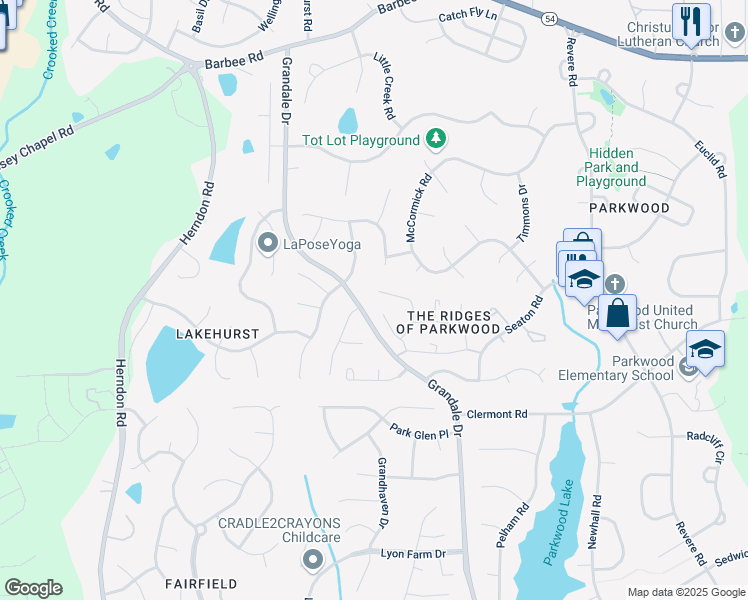 map of restaurants, bars, coffee shops, grocery stores, and more near 73 Candytuff Lane in Durham