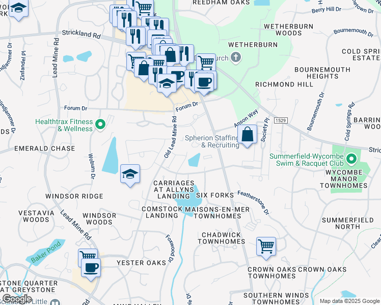 map of restaurants, bars, coffee shops, grocery stores, and more near 8521 Six Forks Rd in Raleigh