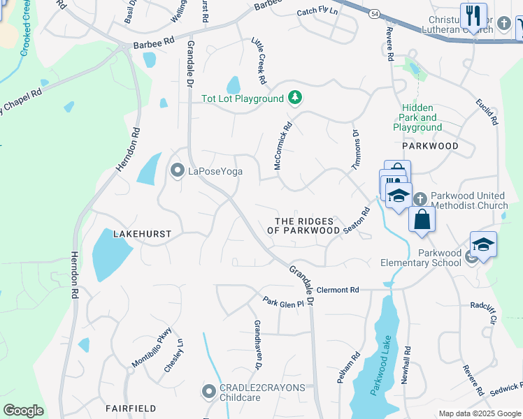 map of restaurants, bars, coffee shops, grocery stores, and more near 77 Candytuff Lane in Durham