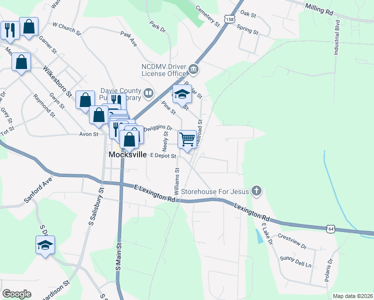 map of restaurants, bars, coffee shops, grocery stores, and more near 160 Foster Street in Mocksville