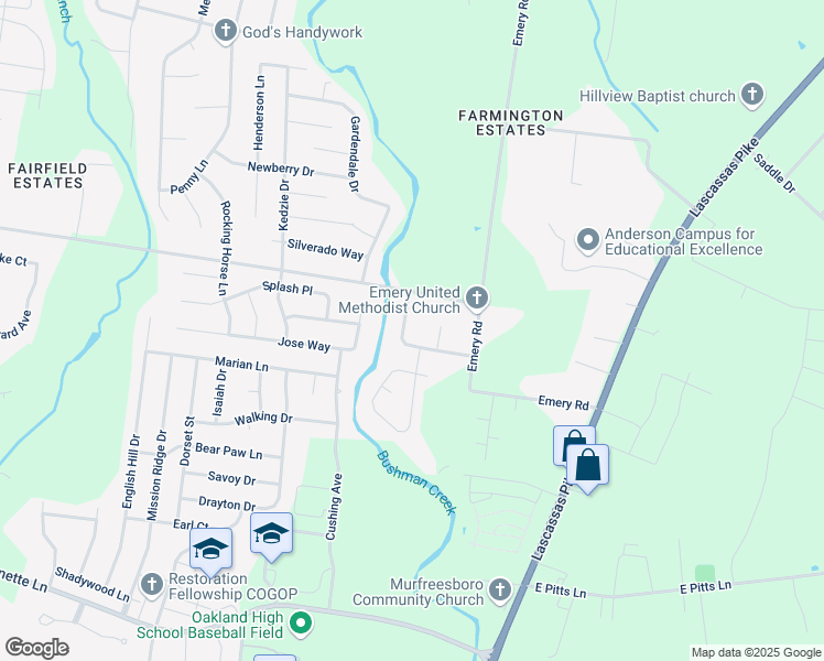 map of restaurants, bars, coffee shops, grocery stores, and more near 2635 Pebblecreek Lane in Murfreesboro