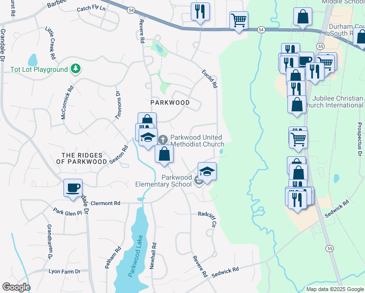 map of restaurants, bars, coffee shops, grocery stores, and more near 128 Emerald Circle in Durham