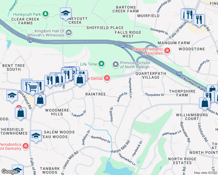 map of restaurants, bars, coffee shops, grocery stores, and more near 8113 Bentwood Place in Raleigh