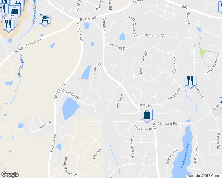 map of restaurants, bars, coffee shops, grocery stores, and more near 104 Covewood Court in Durham