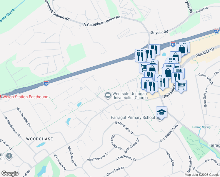 map of restaurants, bars, coffee shops, grocery stores, and more near 691 Chapel Point Lane in Knoxville