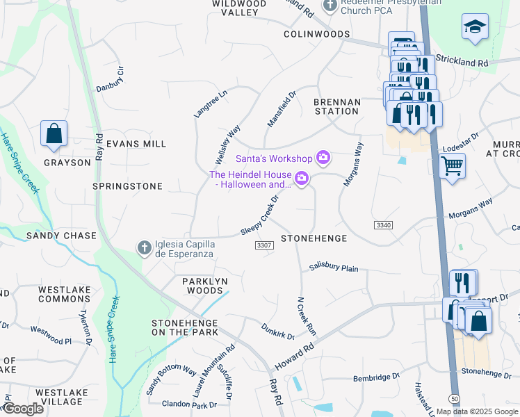 map of restaurants, bars, coffee shops, grocery stores, and more near 8532 Sleepy Creek Drive in Raleigh
