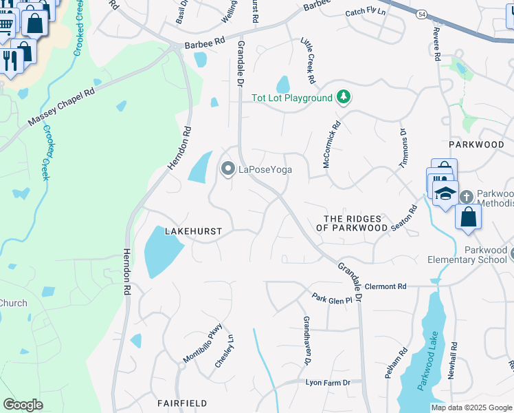map of restaurants, bars, coffee shops, grocery stores, and more near 104 Covewood Court in Durham