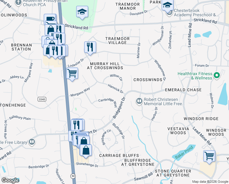 map of restaurants, bars, coffee shops, grocery stores, and more near 8109 Winstone Court in Raleigh