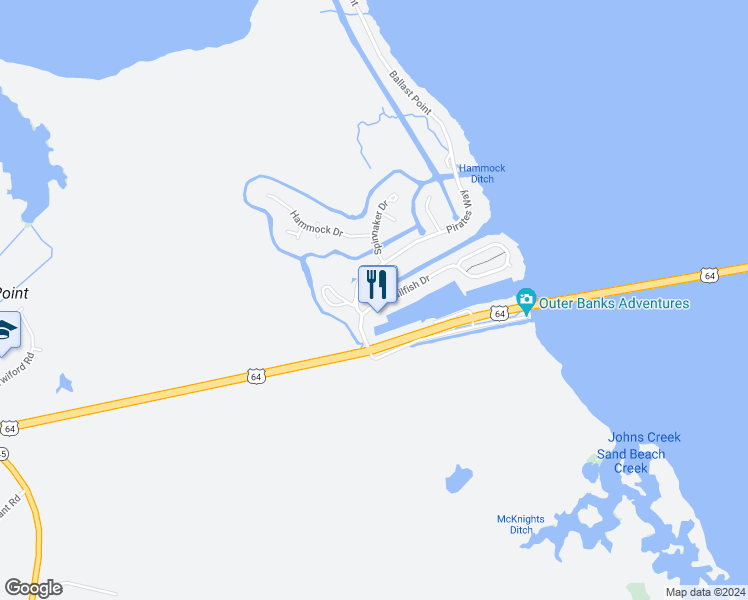 map of restaurants, bars, coffee shops, grocery stores, and more near 1 Sailfish Drive in Manteo