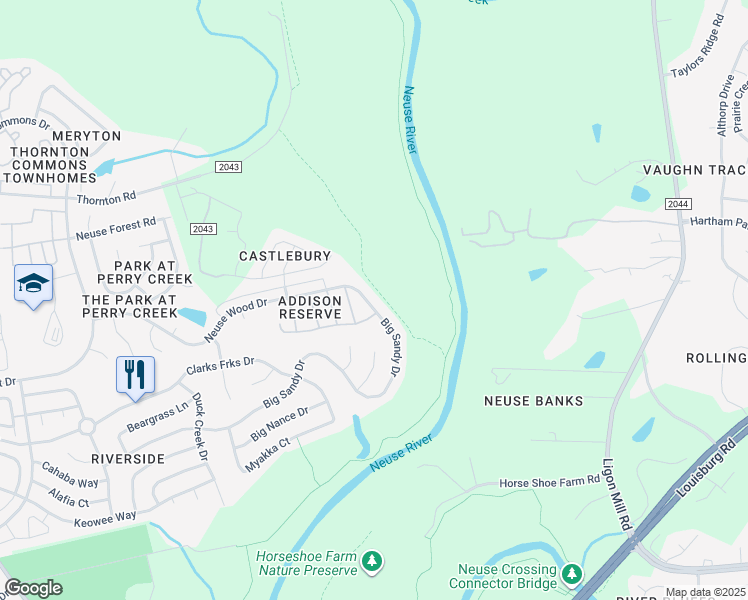 map of restaurants, bars, coffee shops, grocery stores, and more near 6151 Neuse Wood Drive in Raleigh