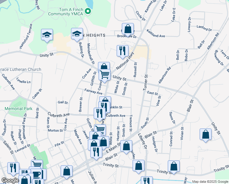 map of restaurants, bars, coffee shops, grocery stores, and more near 510 White Street in Thomasville