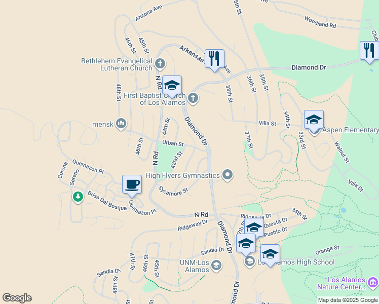 map of restaurants, bars, coffee shops, grocery stores, and more near 2108 41st Street in Los Alamos