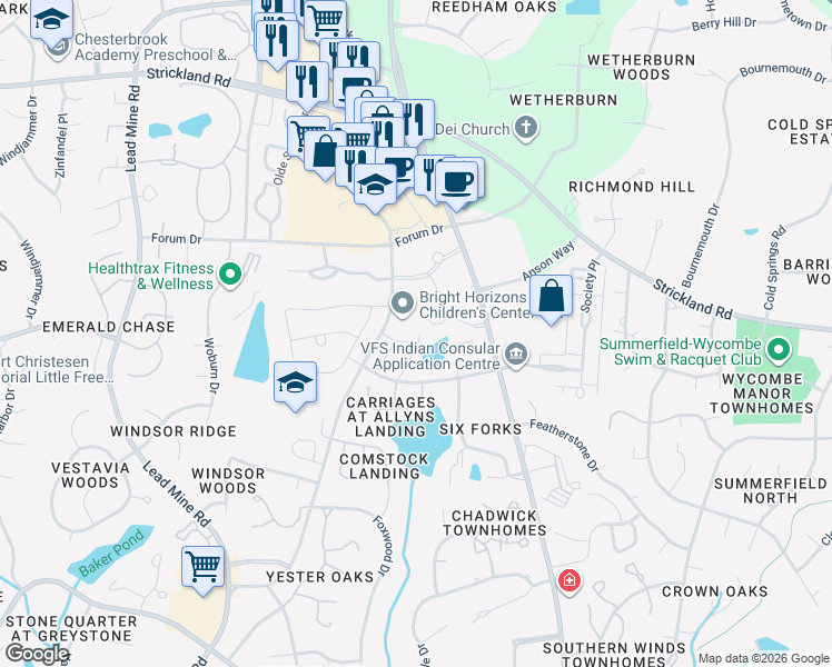 map of restaurants, bars, coffee shops, grocery stores, and more near 8516 Old Lead Mine Road in Raleigh